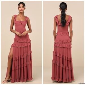 NWOT Lulu’s Compelling Romantic Rusty Rose Ruffled Maxi Dress XL $118 XL